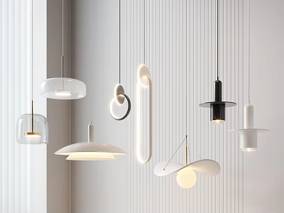 Modern Pendant Light Combinations With Different Shapes On White Striped Wall 3d model