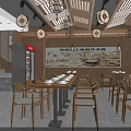 Traditional Modern Restaurant Interior With Wooden Tables Chairs Shelves Lattice Ceiling And Pendant Lights
