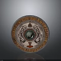 Ancient Decorative Shield With Round Design Central Green Gemstone And Intricate Runic Patterns