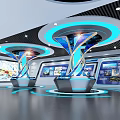 Futuristic Tech Exhibition Space With Circular Ceiling Blue Lighting And Digital Displays 3d model
