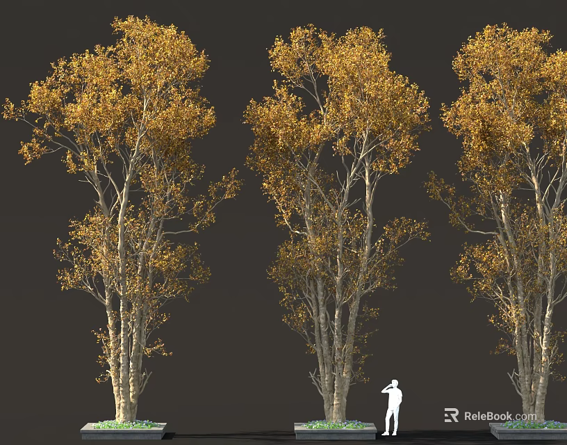 Three Yellow Leaved Trees With White Silhouette Figure Standing Under 3d model 