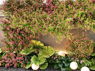 Vibrant Plant Combination With Hanging Vines Large Green Foliage Pink Flowers And Decorative Spheres 3d model