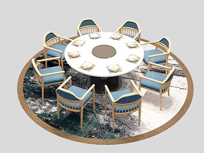 Round Dining Table Set With Blue Cushioned Chairs And Place Settings On Round Rug 3d model