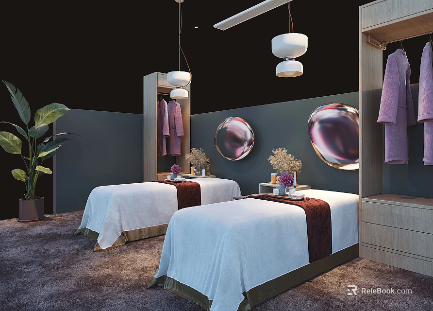 Massage Beds with White Sheets Red Trim Purple Robes and Green Plants in Modern Spa Room 3d model 