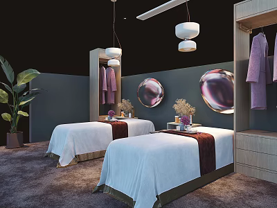 Massage Beds with White Sheets Red Trim Purple Robes and Green Plants in Modern Spa Room 3d model