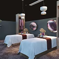 Massage Beds with White Sheets Red Trim Purple Robes and Green Plants in Modern Spa Room