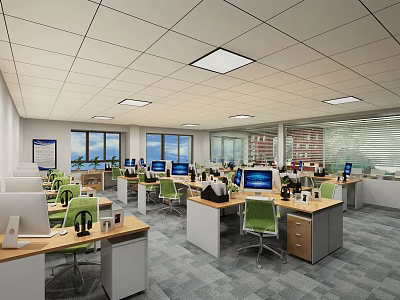 Public Office Space with Open Layout Multiple Desks Green Chairs Computers and Windows 3d model