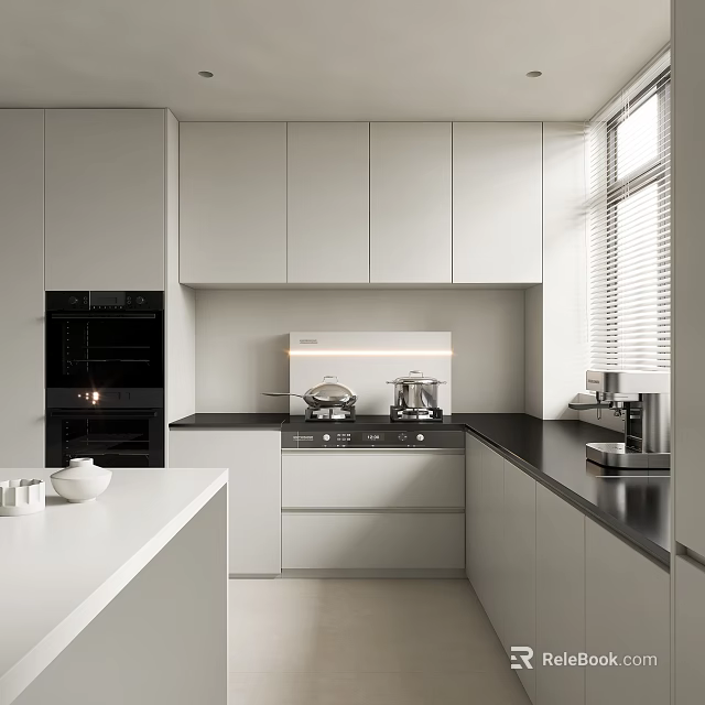 Modern Kitchen Interior Design With White Cabinets Black Countertops And Appliances 3d model 