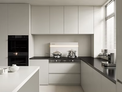 Modern Kitchen Interior Design With White Cabinets Black Countertops And Appliances 3d model