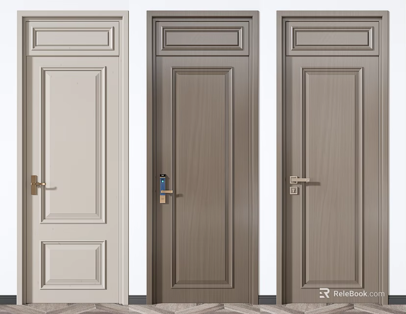 Swing Interior Doors With Wooden Texture Three Color Options And Metal Handles 3d model 