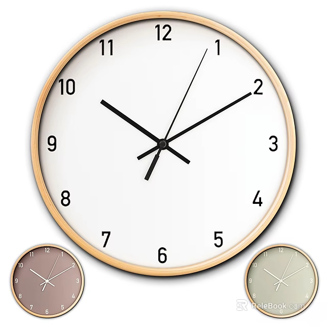 Round Wall Clock With White Dial Black Numbers Wooden Frame And Small Colorful Clocks 3d model 