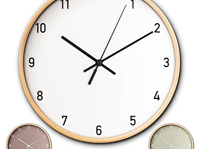 Round Wall Clock With White Dial Black Numbers Wooden Frame And Small Colorful Clocks 3d model
