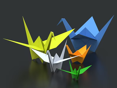 Colorful Origami Cranes In Various Colors On Black Background Decorative Paper Art 3d model