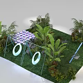 Garden Ornament Display With Metal Frame Featuring Pendant Ornaments Among Lush Tropical Plants