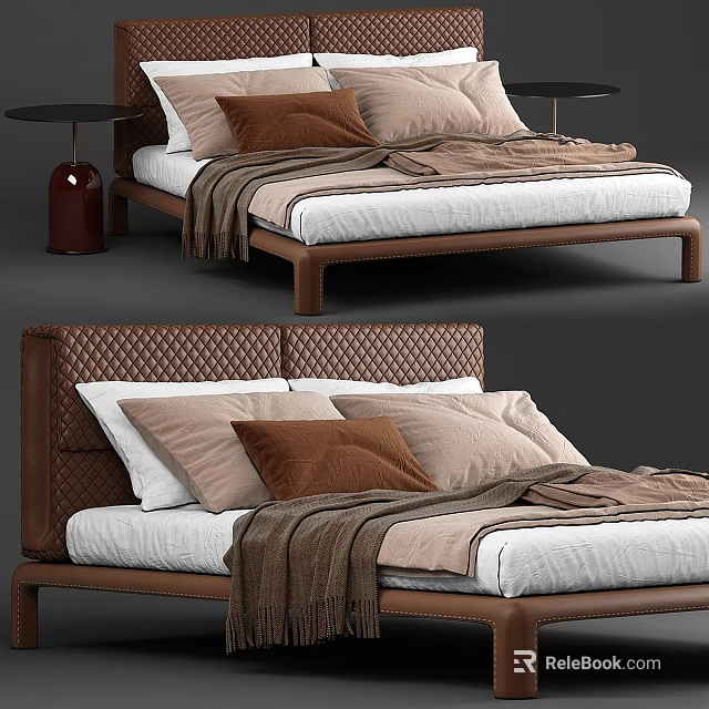 Double Bed with Brown Leather Quilted Headboard Beige and Brown Pillows and Blanket Modern Design 3d model 