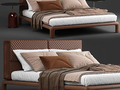 Double Bed with Brown Leather Quilted Headboard Beige and Brown Pillows and Blanket Modern Design 3d model