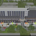 Commercial Street With Two Buildings Black Roofs Beige Exteriors Parking Lot Shops Trees And Greenery