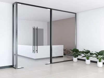 Modern Interior Featuring Black Frame Glass Sliding Doors White Walls Green Plants Light Flooring 3d model