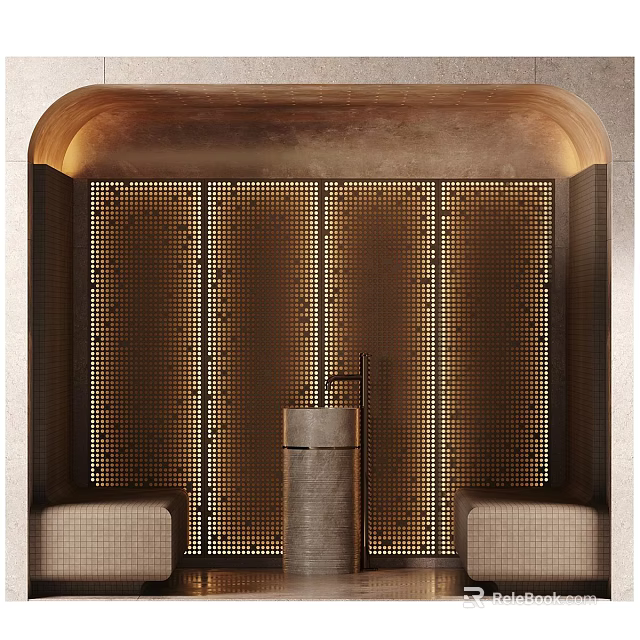 Luxurious SPA Sauna Interior With Perforated Screen Warm Lighting And Cozy Seating 3d model 
