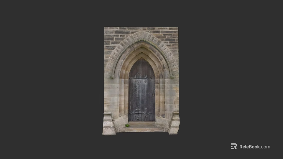 Vintage Gothic Double Doors With Arched Stone Frame And Wooden Panels 3d model 