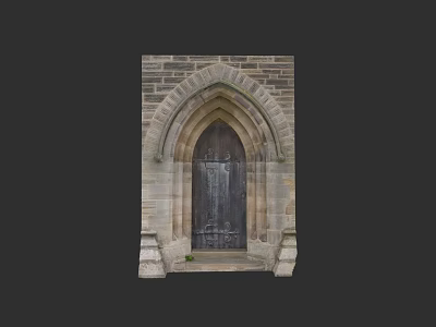 Vintage Gothic Double Doors With Arched Stone Frame And Wooden Panels 3d model