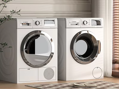 White Front Loading Washing Machine Set In Modern Indoor Space With Window Blinds And Plant 3d model