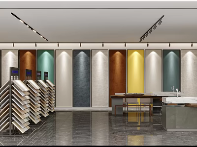 Modern Building Material Showroom With Colorful Wall Panels Sample Racks And Bright Lighting 3d model