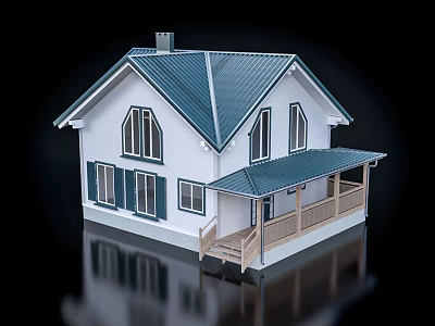 Detached House With White Exterior Blue Roof Windows And Wooden Porch Steps 3d model