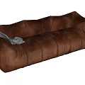 Oversized Brown Leather Sofa with Stitched Details and Gray Blanket Accent 3d model