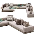 Light Gray Sectional Sofa With Brown Patterned Cushions And Colorful Throw Blanket 3d model