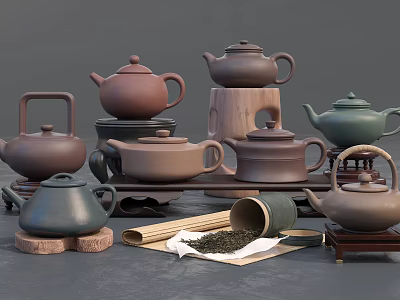 Traditional Ceramic Tea Sets with Various Colored Teapots Wooden Trays and Tea Leaves 3d model