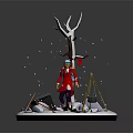Winter Snowy Scene With Red Coated Figure Snowy Tree Tripod Pot Stones And Falling Snowflakes