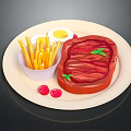Delicious Steak Meal With French Fries Fried Egg And Cranberries On Plate