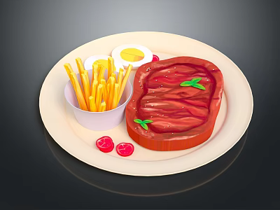 Delicious Steak Meal With French Fries Fried Egg And Cranberries On Plate 3d model