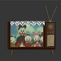 Vintage Computer Monitor With Wooden Frame Lace Decoration And Cartoon Character Screen