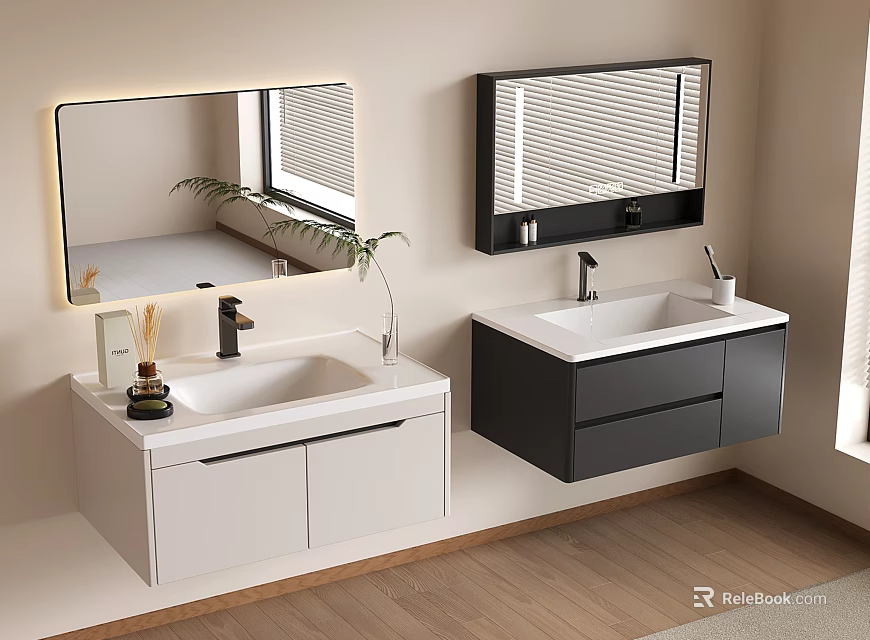 Modern Double Bathroom Vanities With White Black Cabinets And Illuminated Mirrors 3d model 