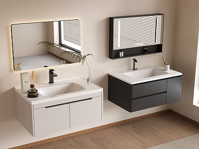 Modern Double Bathroom Vanities With White Black Cabinets And Illuminated Mirrors 3d model