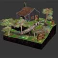Cozy Wooden House With Red Roof Blue Walls Chimney Trees Grass Log And Small Shed