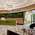 Modern Reception Area With Green Circular Desks Colorful Square Walls Circular Lights And Geometric Flooring