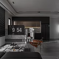 Modern Minimalist Dark Tone Open Living And Dining Room Interior With Premium Marble Furnishings