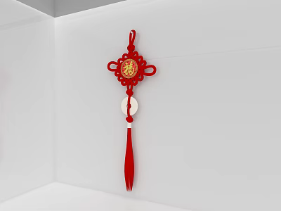 Red Traditional Chinese Knot Ornament with Golden Fu Character Circular Pendant and Red Tassel 3d model