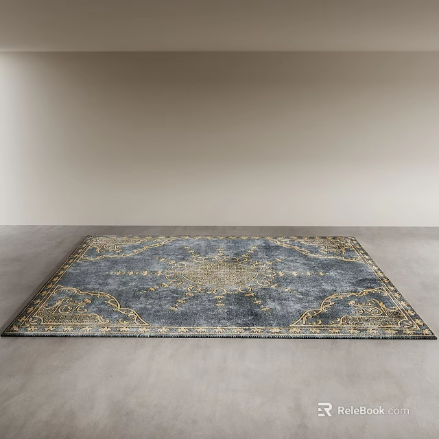 Blue And Gold Square Rug With Intricate Pattern On Neutral Floor 3d model