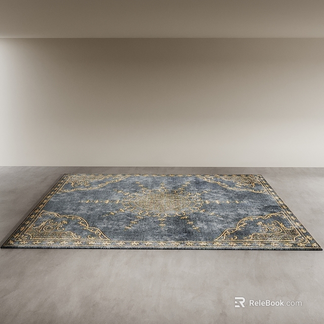 Blue And Gold Square Rug With Intricate Pattern On Neutral Floor 3d model 