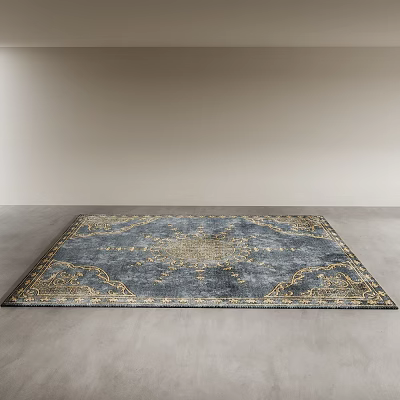 Blue And Gold Square Rug With Intricate Pattern On Neutral Floor 3d model