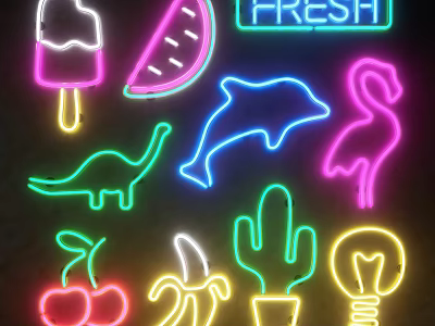 Neon Decorative Lights With Colorful Ice Cream Watermelon Dolphin Flamingo Dinosaur Cherry Banana And Cactus 3d model