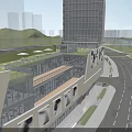 Modern Glass Facade Commercial Complex With Retail Office Spaces Urban Street Pedestrians Vehicles And Greenery
