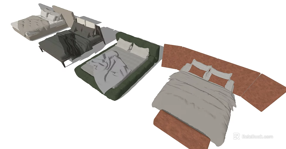 Modern Double Beds With Different Color Headboards And Gray Green Bedding 3d model 