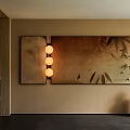 Abstract Painting With Bamboo Elements On Modern Wall And Warm Pendant Lighting 3d model