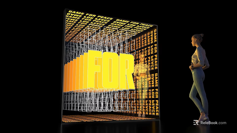 Modern Stage Design Featuring Giant Yellow FOR Lettering Grid Structure Lighting and Woman Watching 3d model 
