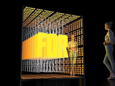 Modern Stage Design Featuring Giant Yellow FOR Lettering Grid Structure Lighting and Woman Watching 3d model